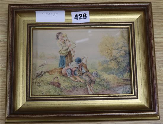 Bernard Foster after Miles Birket Foster, watercolour, Children beside a stream, signed, 12 x 17cm